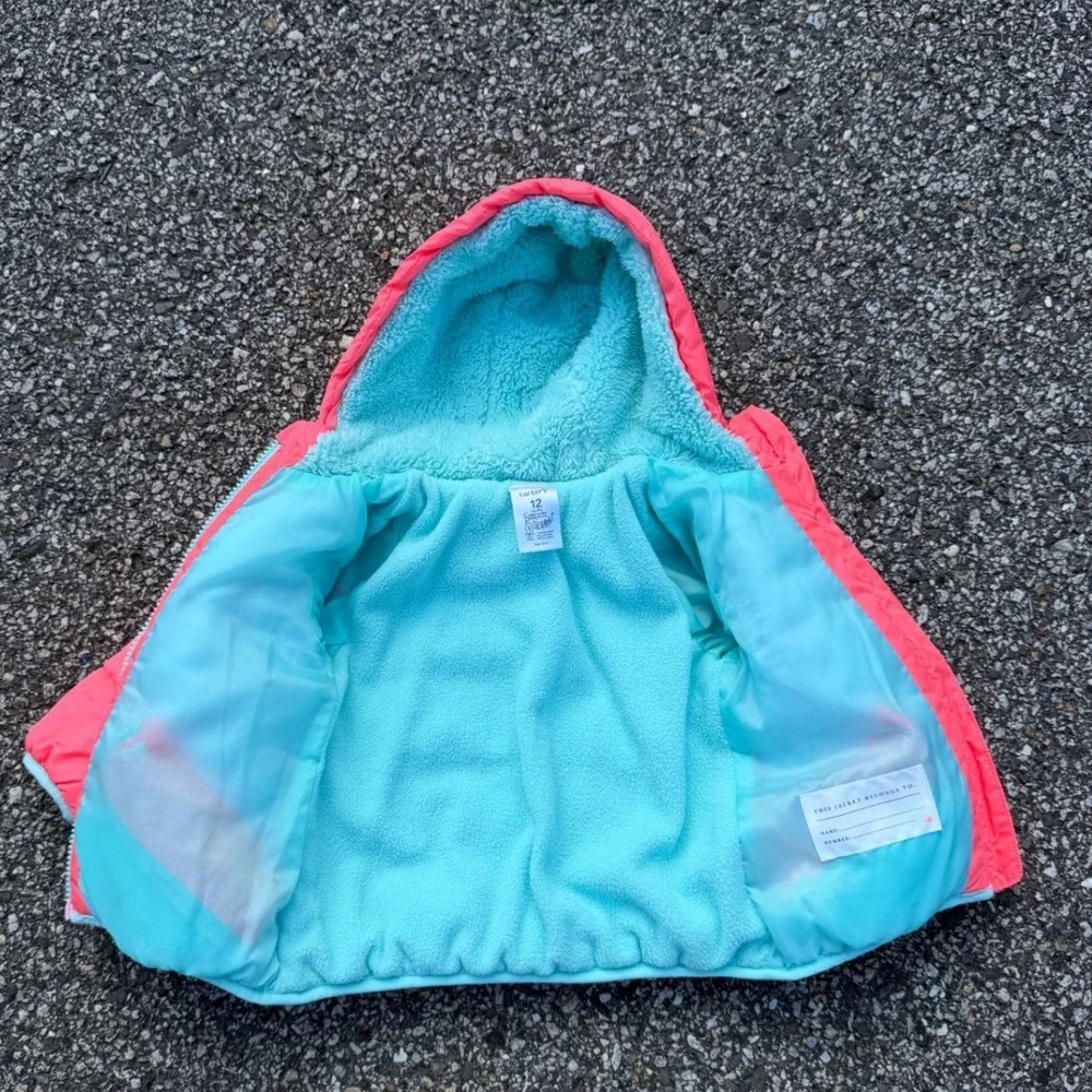Carters‎ Baby Girls Neon Coral Pink Puffer Jacket Mint Green Fleece Lined 12M